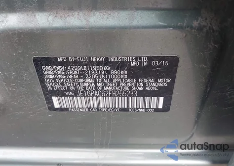 2015 Subaru Impreza 2.0I Premium z USA, uszkodzony, nr VIN JF1GPAC62FH255233